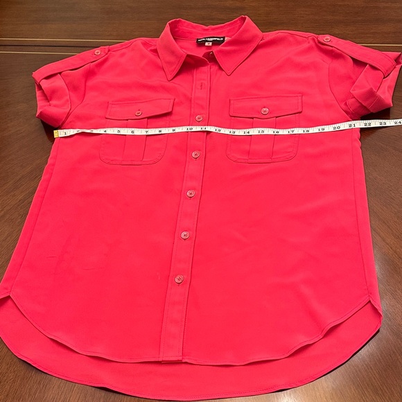 Karl Lagerfeld Hot Pink Button-Up Utility Blouse | Pocket Shirt - Picture 4 of 11